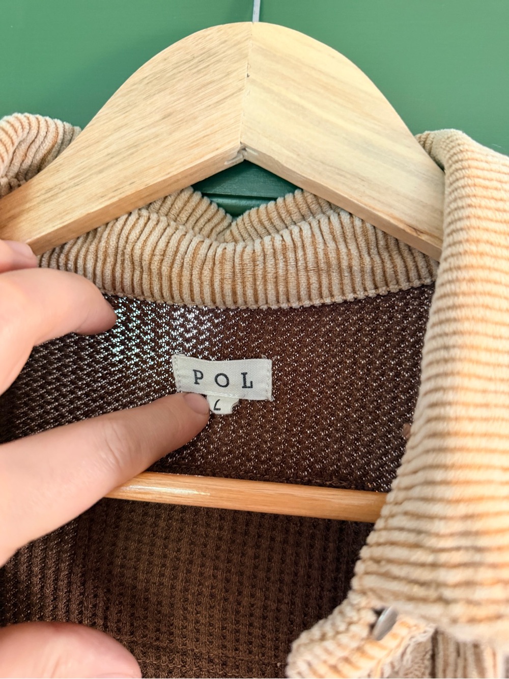 POL Two-Tone Corduroy & Cable Knit Shacket — Cream & Brown L - Picture 4 of 7